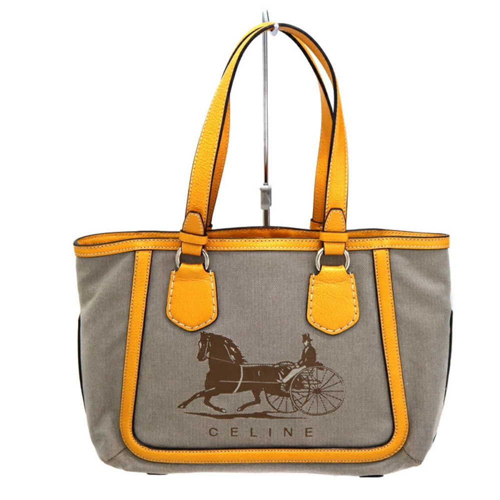 Celine Tote Bag Leather Canvas Beige Orange